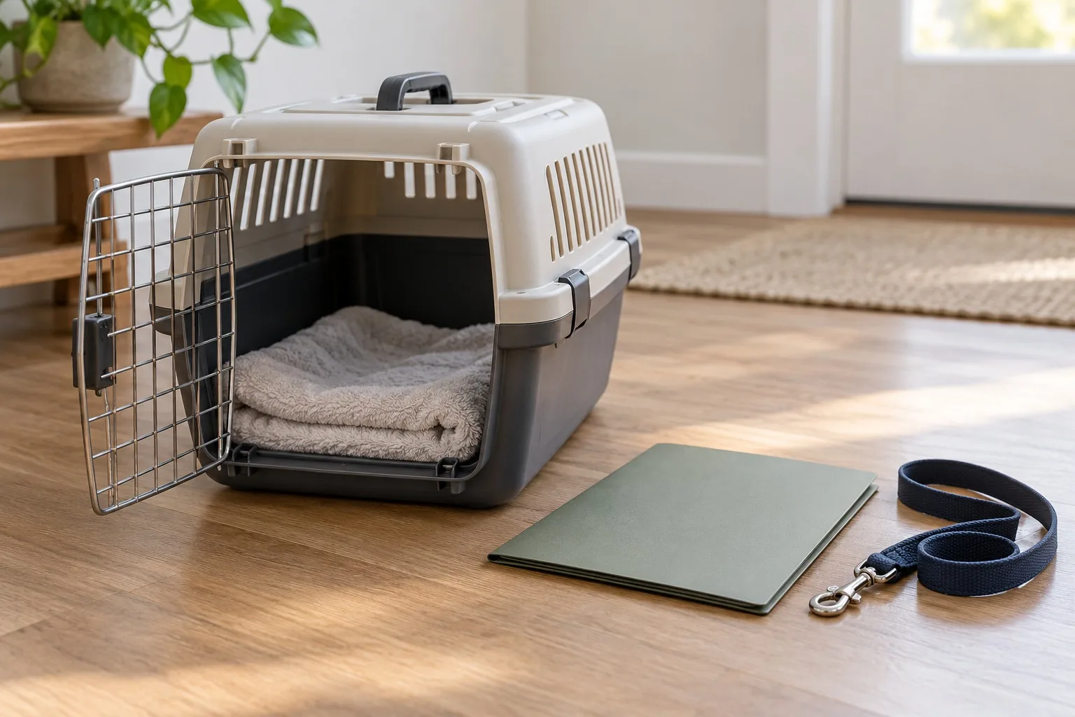 Vorbereitete Tiertransportbox mit einem Handtuch neben einer Unterlagenmappe und einer Leine.